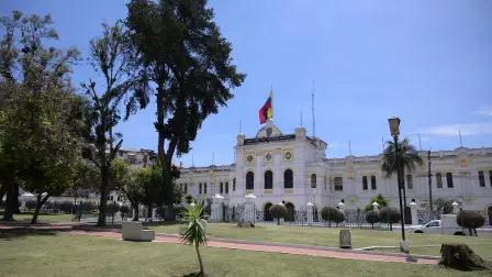 View of the facade of the Defence Ministry building in Quito, on March 24, 2026. (Photo by Rodrigo BUENDIA / AFP)