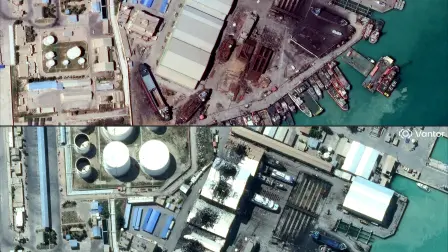 Esta combinación de imágenes satelitales muestra vistas de la base naval de Bushehr en el sur de Irán, a lo largo del Golfo.
