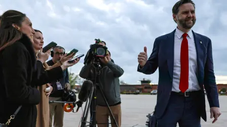 US Vice President JD Vance flashes a thumbs up prior to boarding Air Force Two while departing for Budapest, Hungary from Joint Base Andrews, Maryland, on April 6, 2026. Vance is set to visit Budapest on Tuesday and hold a rally with Hungarian Prime Minister Viktor Orban. (Photo by Jonathan Ernst / POOL / AFP)