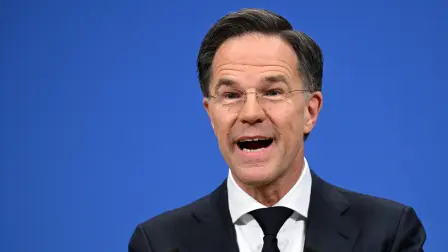 NATO Secretary General Mark Rutte gives a press conference about NATO's general annual report in Brussels on March 26, 2026. A NATO report on March 26 said military spending by member states rose by a fifth year-on-year in 2025 to 574 billion USD. (Photo by Nicolas TUCAT / AFP)