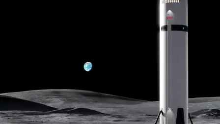 Representación artística del sistema de aterrizaje tripulado (HLS) de la nave Starship de SpaceX en la Luna. La NASA está colaborando con SpaceX en el desarrollo del HLS de la nave Starship para transportar a los astronautas desde la órbita lunar hasta la superficie lunar y de vuelta, en el marco de las misiones Artemis III y Artemis IV.