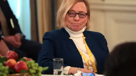 WASHINGTON, DC - FEBRUARY 21: Gov. Janet Mills (D-ME) challenges U.S. President Donald Trump over trans women in sports as Trump addresses a meeting of governors at the White House on February 21, 2025 in Washington, DC. President Trump is hosting a bipartisan group of Governors for a working session at the White House as part of the The National Governors Association winter meetings.   Win McNamee/Getty Images/AFP (Photo by WIN MCNAMEE / GETTY IMAGES NORTH AMERICA / Getty Images via AFP)