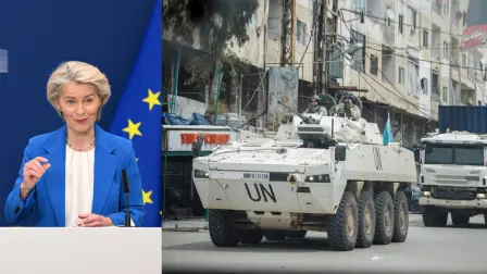 La presidenta de la Comisión Europea, Ursula von der Leyen y un convoy de la UNIFIL recorre la ciudad al sur de Libano.