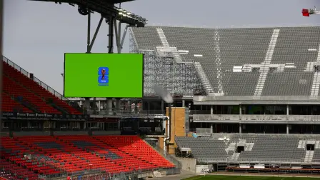 Temporary bleacher seating is installed to add extra capacity near the regular stands at BMO Field in Toronto, Canada on March 24, 2026, ahead of the upcoming FIFA World Cup. BMO Field will host matches during the 2026 FIFA World Cup. (Photo by Cole BURSTON / AFP)