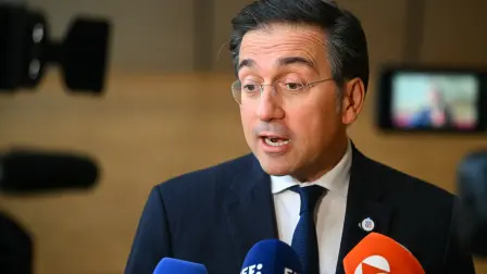Spain's Foreign Minister Jose Manuel Albares speaks to the media as he arrives for a Foreign Affairs Council to discuss Russias war of aggression against Ukraine and the situation in the Middle East, in Brussels on March 16, 2026. (Photo by NICOLAS TUCAT / AFP)