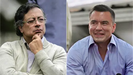(COMBO) This combination of pictures created on April 29, 2026 shows Colombia's President Gustavo Petro (L) during the enactment of the new labor law at the Quinta de Bolivar museum in Bogota on June 25, 2025; and Ecuador's President and presidential candidate for the Acción Democrática Nacional party (National Democratic Action), Daniel Noboa, during a dialogue with students at the Casa Grande University in Guayaquil, Guayas Department, Ecuador on April 7, 2025. Ecuador's President Daniel Noboa accused his Colombian counterpart, Gustavo Petro, on April 29, 2026, of orchestrating a guerrilla incursion across the border, escalating tensions amid a trade and diplomatic crisis between the two countries. (Photo by Andrea ARIZA and MARCOS PIN / AFP)