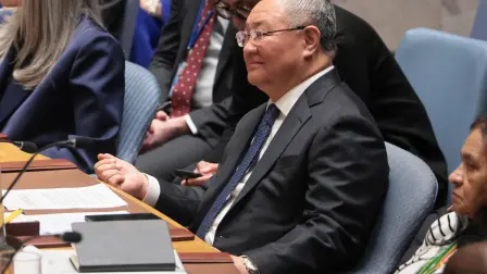 NEW YORK, NEW YORK - APRIL 07: Fu Cong, China's permanent representative to the UN, listens to Mike Waltz, U.S. Ambassador to the UN, speaks during a United Nations Security Council meeting regarding the situation in the Middle East on April 07, 2026 in New York City. A vote on a resolution in the Security Council introduced by Bahrain focusing on reopening the Strait of Hormuz failed after opposition from Russia and China.   Michael M. Santiago/Getty Images/AFP (Photo by Michael M. Santiago / GETTY IMAGES NORTH AMERICA / Getty Images via AFP)