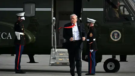 US President Donald Trump steps off Marine One after landing at Ocala International Airport, in Ocala, Florida on May 1, 2026, after giving a speech about taxes and Social Security at The Villages. (Photo by Jim WATSON / AFP)