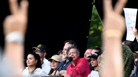 Colombia's President Gustavo Petro delivers a speech during a rally marking International Workers Day, in Medellin, Antioquia department, Colombia, on May 1, 2026. (Photo by Jaime SALDARRIAGA / AFP)