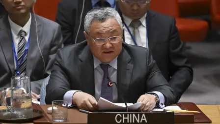 Chinese Ambassador to the United Nations Fu Cong speaks during a UN Security Council meeting on Iran's nuclear program at United Nations headquarters in New York on June 24, 2025. (Photo by ANGELA WEISS / AFP)