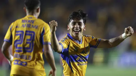 Tigres' forward #30 Diego Sanchez celebrates scoring his team's third goal during the Mexican League Clausura Tournament quarterfinal first leg football match between Tigres and Guadalajara at the Universitario stadium in Monterrey, Nuevo Leon state, Mexico on May 2, 2026. (Photo by Julio Cesar AGUILAR / AFP)