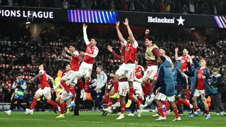 Soccer Football - UEFA Champions League - Semi Final - Second Leg - Arsenal v Atletico Madrid - Emirates Stadium, London, Britain - May 5, 2026 Arsenal players celebrate after reaching the UEFA Champions League final REUTERS/Dylan Martinez     TPX IMAGES OF THE DAY