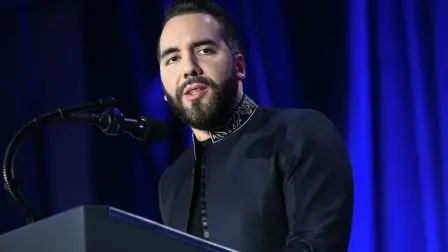 President of El Salvador Nayib Bukele speaks ahead of US President Trump during the National Prayer Breakfast at the Washington Hilton in Washington, DC on February 5, 2026. (Photo by SAUL LOEB / AFP)