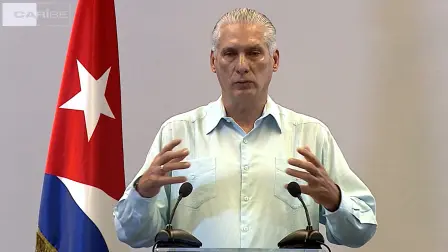Screen grab from footage broadcast by Cuban official TV on March 13, 2026, showing Cuba's President Miguel Diaz-Canel speaking during a meeting with the communist-governed island's top authorities in Havana. President Miguel Diaz-Canel said on March 13 that Cuban and US officials recently held talks as President Donald Trump's administration piles pressure on the communist island. (Photo by CUBA TV / AFP) / RESTRICTED TO EDITORIAL USE - MANDATORY CREDIT "AFP PHOTO /  CUBA TV " - NO MARKETING NO ADVERTISING CAMPAIGNS - DISTRIBUTED AS A SERVICE TO CLIENTS