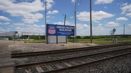 A Union Pacific sign is seen outside of the Railroad Port Yard, a day after six bodies were found in a train in Laredo, Texas, U.S. May 11, 2026.  REUTERS/Gabriel V. Cardenas          TPX IMAGES OF THE DAY