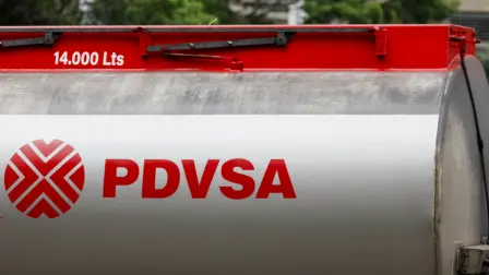FILE PHOTO: The logo of Venezuelan state oil company PDVSA is seen on a fuel tank truck, in Caracas, Venezuela May 14, 2025. REUTERS/Leonardo Fernandez Viloria/File Photo