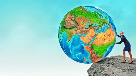 Young businesswoman pushing Earth planet. Elements of this image are furnished by NASA