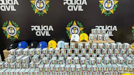 Handout picture released by Rio de Janeiro's Civil Police shows seized counterfeit Panini World Cup album stickers at the Civil Police headquarters, in Rio de Janeiro, Brazil on May 22, 2026. Police in football-mad Brazil seized World Cup contraband including counterfeit jerseys and some 200,000 Panini stickers in Rio de Janeiro, authorities said on May 22, 2026. (Photo by Handout / RIO DE JANEIRO CIVIL POLICE / AFP) / RESTRICTED TO EDITORIAL USE - MANDATORY CREDIT "AFP PHOTO / Rio de Janeiro's Civil Police / HANDOUT /  " - NO MARKETING NO ADVERTISING CAMPAIGNS - DISTRIBUTED AS A SERVICE TO CLIENTS
