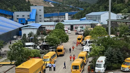 A general view of rescue team members and emergency vehicles arriving at the Liushenyu coal mine after a gas explosion in Changzhi, in northern China's Shanxi province on May 23, 2026. A gas explosion at a coal mine in northern China has killed at least 82 people, state media reported, in one of the country's biggest industrial disasters of recent years. (Photo by CNS / AFP) / China OUT