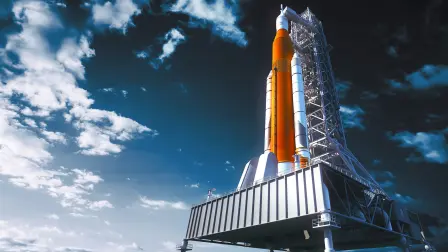 Space Launch System On Launchpad Over Background Of Sky. 3D Illustration.