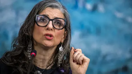 United Nations (UN) special rapporteur on the occupied Palestinian territories Francesca Albanese presents her latest report before delegates at the UN Rights Council, in Geneva, on March 23, 2026. (Photo by Fabrice COFFRINI / AFP)