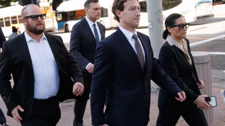 Meta CEO and Chairman Mark Zuckerberg arrives at Los Angeles Superior Court ahead of the social media trial tasked to determine whether social media giants deliberately designed their platforms to be addictive to children, in Los Angeles, on February 18, 2026. Zuckerberg is scheduled to testify Wednesday. (Photo by Patrick T. Fallon / AFP)