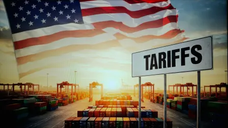 New York, USA- 19 Apr 2025: Selective focus on laptop screen  displaying US high Tariffs on other countries Export and Import business and Tariff War in the world.