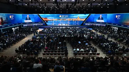 Russian President Vladimir Putin delivers a speech during the plenary session of the St. Petersburg International Economic Forum (SPIEF) in Saint Petersburg on June 5, 2026. (Photo by OLGA MALTSEVA / AFP)