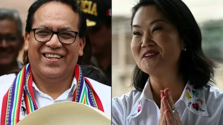 (COMBO) This combination of pictures created on June 07, 2026 shows Peru's presidential candidate Roberto Sanchez, for the Juntos por el Peru party, gesturing as he leaves after an election-day breakfast in Huaral, Lima department, Peru on June 7, 2026, and Peru's presidential candidate Keiko Fujimori, for the Fuerza Popular party, gesturing during an election-day breakfast in San Juan de Lurigancho, northern outskirts of Lima, on June 7, 2026. Ballots are being cast in Peru's too-close-to-call presidential runoff, with crime and political instability dominating a race to choose the country's ninth leader in a decade June 7. (Photo by Connie FRANCE and ERNESTO BENAVIDES / AFP)