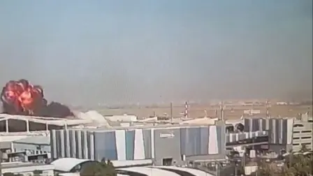A CCTV footage shows fire and smoke rise following a strike on Kuwait International Airport, in Kuwait City, Kuwait June 3, 2026, in this screengrab from a video. Civil Aviation Kuwait/Handout via REUTERS    THIS IMAGE HAS BEEN SUPPLIED BY A THIRD PARTY. NO RESALES. NO ARCHIVES. MANDATORY CREDIT.  VERIFICATION:  -Buildings, roof structure, columns and interior of airport terminal matched archive and satellite imagery   -Kuwaiti authorities said an Iranian drone and missile attack damaged airport facilities and diplomatic missions on June 3 -Iran's elite Revolutionary Guards said they did not fire at Kuwait's airport and blamed the destruction on U.S. interceptor missiles that failed to hit their targets, according to Iranian state media -US denied claim its missile interceptor damaged Kuwait airport