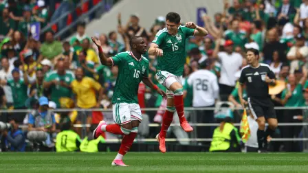 Soccer Football - FIFA World Cup 2026 - Group A - Mexico v South Africa - Estadio Azteca, Mexico City, Mexico - June 11, 2026 Mexico's Julian Quinones celebrates scoring their first goal with Israel Reyes REUTERS/Hannah Mckay