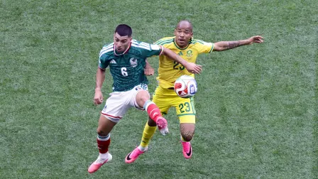 Mexico's midfielder #06 Erik Lira and South Africa's midfielder #23 Jayden Adams fight for the ball during the 2026 World Cup Group A football match between Mexico and South Africa at the Mexico City Stadium in Mexico City on June 11, 2026. (Photo by Rodrigo OROPEZA / AFP)