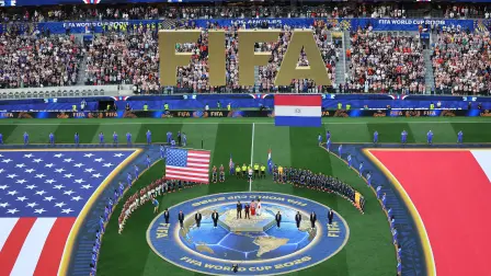 Soccer Football - FIFA World Cup 2026 - Group D - United States v Paraguay - Los Angeles Stadium, Inglewood, California, U.S. - June 12, 2026 United States and Paraguay players line up during the national anthems before the match REUTERS/Daniel Cole