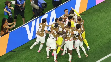 US players celebrate the second goal by midfielder #07 Giovanni Reyna during the 2026 World Cup Group D football match between USA and Paraguay at the Los Angeles Stadium in Inglewood on June 12, 2026. (Photo by Valerie MACON / AFP)