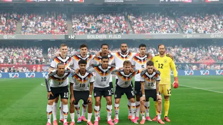 Germany's national team poses for a photo ahead of the international friendly football match between USA and Germany at Soldier Field in Chicago, Illinois, on June 6 2026. (Photo by KAMIL KRZACZYNSKI / AFP)