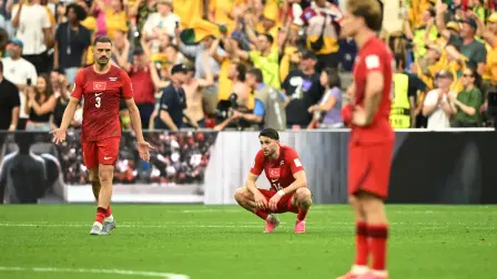 Soccer Football - FIFA World Cup 2026 - Group D - Australia v Turkey - BC Place, Vancouver, Canada - June 13, 2026 Turkey's Ismail Yuksek looks dejected and Turkey's Merih Demiral reacts after Australia's Connor Metcalfe scores their second goal IMAGN IMAGES via Reuters/Anne-Marie Sorvin