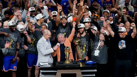 Jun 13, 2026; San Antonio, Texas, USA; The New York Knicks and owner James Dolan celebrate after defeating the San Antonio Spurs in game five of the 2026 NBA Finals to win the 2026 NBA Championship at Frost Bank Center. Mandatory Credit: Dustin Safranek-Imagn Images     TPX IMAGES OF THE DAY