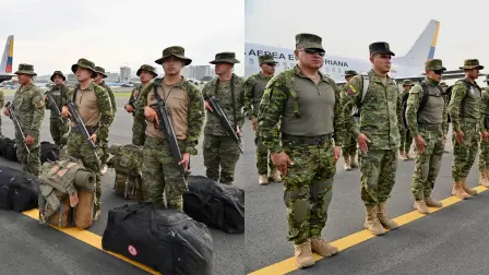 Personal militar ecuatoriano llega a la base aérea Simón Bolívar en Guayaquil, Ecuador.