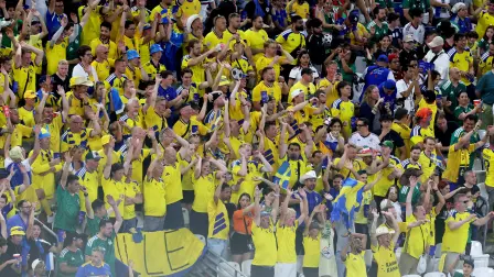 Soccer Football - FIFA World Cup 2026 - Group F - Sweden v Tunisia - Estadio Monterrey, Monterrey, Mexico - June 14, 2026 Sweden fans in the stands do the Mexican Wave during the match REUTERS/Raquel Cunha