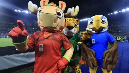 The mascots of the 2026 World Cup pose before the start of the Group F football match between Tunisia and Japan at the Monterrey Stadium in Guadalupe, Mexico, on June 20, 2026.  (Photo by Julio Cesar AGUILAR / AFP)
