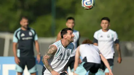 Argentina's forward #10 Lionel Messi looks at the ball in a training session during the 2026 World Cup football tournament at Sporting KC Training Centre in Kansas City on June 24, 2026. (Photo by JUAN MABROMATA / AFP)