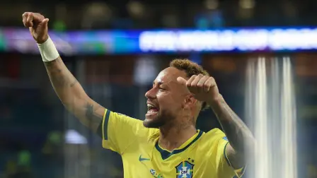 Brazil's forward #10 Neymar reacts after winning the 2026 World Cup Group C football match between Scotland and Brazil at the Miami Stadium in Miami Gardens on June 24, 2026.  (Photo by PATRICIA DE MELO MOREIRA / AFP)