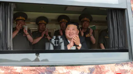 This picture taken on June 25, 2026 and released by North Korea's official Korean Central News Agency (KCNA) on June 26, 2026, shows North Korean leader Kim Jong Un (C) inspecting weapons at North Korea's National Defence Science Research Institute. (Photo by KCNA / KCNA VIA KNS / AFP) / South Korea OUT / ---EDITORS NOTE--- RESTRICTED TO EDITORIAL USE - MANDATORY CREDIT "AFP PHOTO/KCNA VIA KNS" - NO MARKETING NO ADVERTISING CAMPAIGNS - DISTRIBUTED AS A SERVICE TO CLIENTSTHIS PICTURE WAS MADE AVAILABLE BY A THIRD PARTY. AFP CAN NOT INDEPENDENTLY VERIFY THE AUTHENTICITY, LOCATION, DATE AND CONTENT OF THIS IMAGE. /