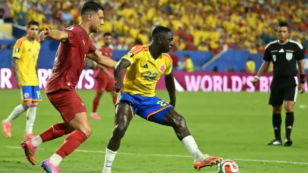 Colombia's defender #22 Deiver Machado controls the ball during the 2026 World Cup Group K football match between Colombia and Portugal at the Miami Stadium in Miami Gardens on June 27, 2026.  (Photo by CHANDAN KHANNA / AFP)