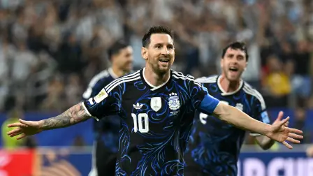 Argentina's forward #10 Lionel Messi celebrates scoring his team's third goal during the 2026 World Cup Group J football match between Jordan and Argentina at the Dallas Stadium in Arlington on June 27, 2026.  (Photo by Paul ELLIS / AFP)
