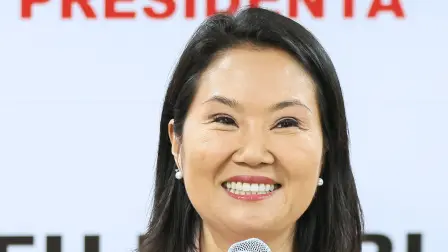 (FILES) Peru's presidential candidate for the Fuerza Popular party, Keiko Fujimori, speaks at her campaign headquarters in Lima on June 24, 2026. Right-wing candidate Keiko Fujimori won Peru's presidential run-off with a wafer-thin majority of 50.13 percent of the vote, the country's election commission said on June 29, 2026. (Photo by Connie FRANCE / AFP)