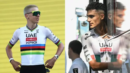El ciclista esloveno Tadej Pogacar, del equipo UAE Team Emirates - XRG (izq) e Isaac Del Toro, ciclista mexicano del equipo UAE Team Emirates - XRG (der).
