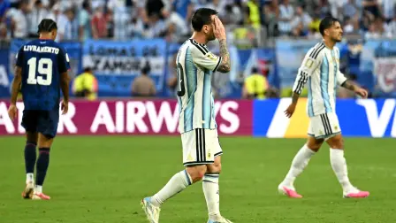 Argentina's forward #10 Lionel Messi reacts during the 2026 World Cup round of 32 football match between Argentina and Cape Verde at the Miami Stadium in Miami Gardens on July 3, 2026.  (Photo by CHANDAN KHANNA / AFP)