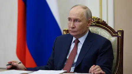 In this pool photograph distributed by Russian state agency Sputnik, Russia's President Vladimir Putin attends a video meeting on the socio-economic development of the Russian-controlled Ukrainian regions of Donetsk, Lugansk, Zaporizhzhia, and Kherson in Moscow on June 13, 2026, amid the ongoing Russian-Ukrainian conflict.  (Photo by VYACHESLAV PROKOFYEV / POOL / AFP)
