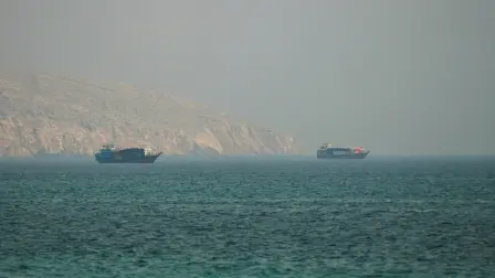 Buques en el estrecho de Ormuz, vistos desde Musandam, Omán.